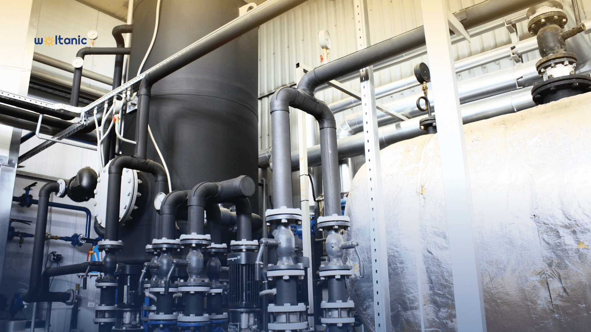 Modern pellet boiler installation with clean boiler room layout